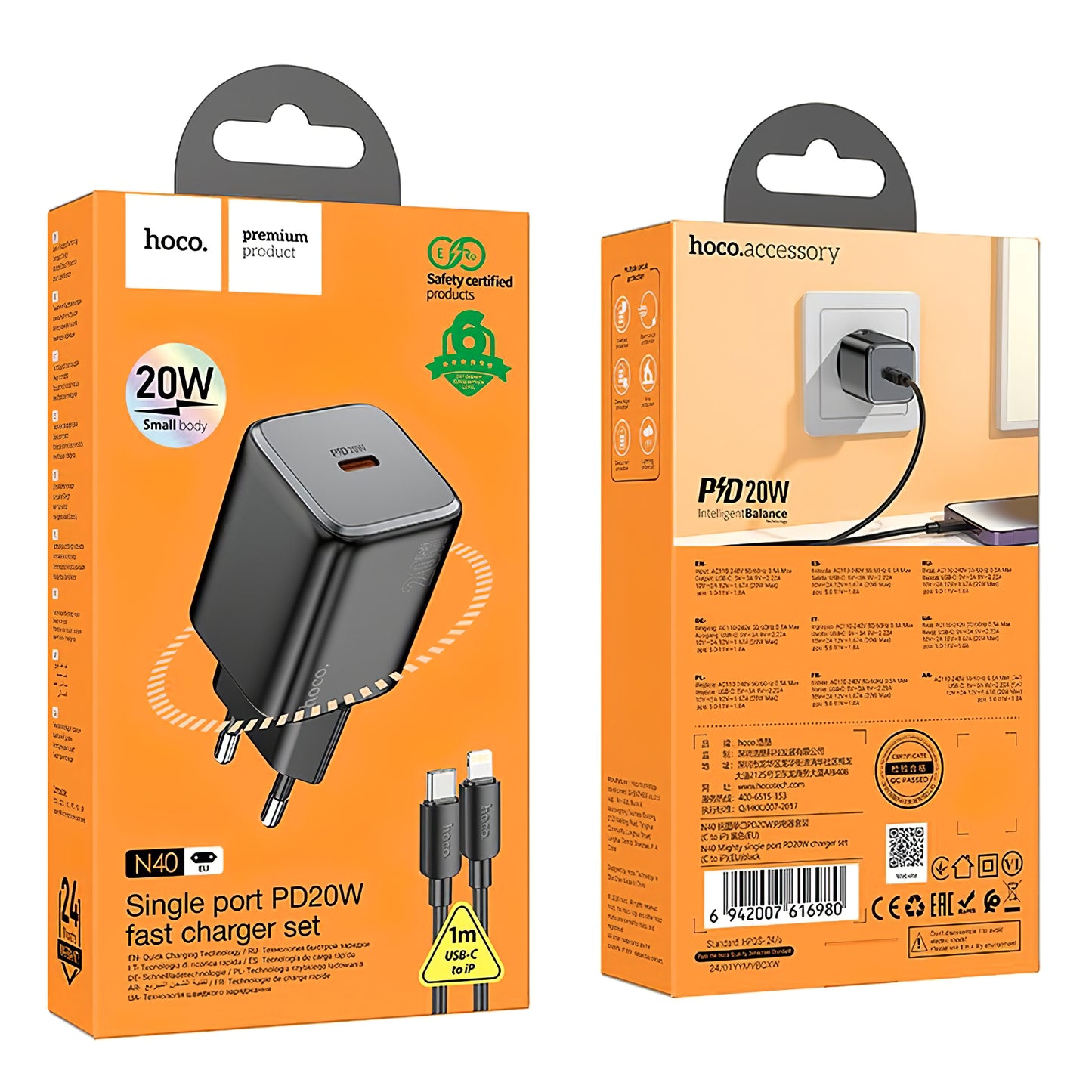 Netwerkoplader met Lightning-kabel HOCO N40, 20 W, 3 A, 1 x USB-C, zwart