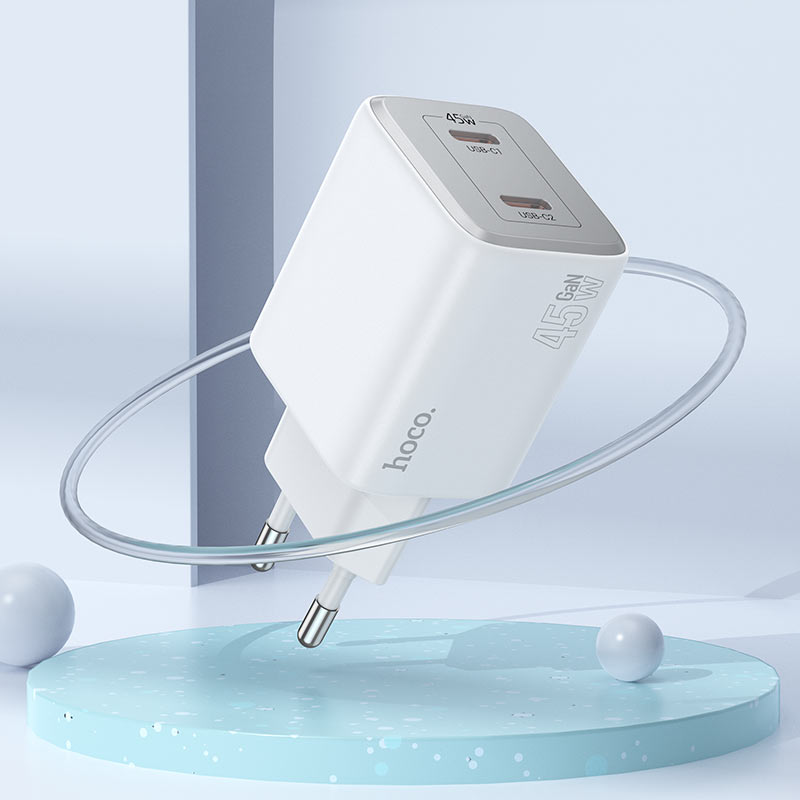 Netwerkoplader met Lightning-kabel HOCO N42, 45 W, 3 A, 2 x USB-C, Wit