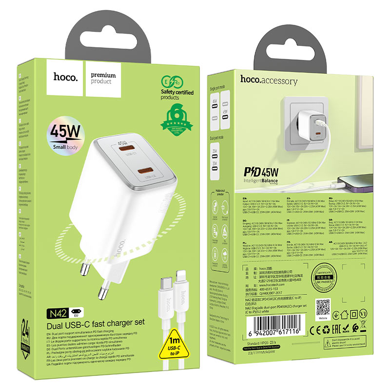 Netwerkoplader met Lightning-kabel HOCO N42, 45 W, 3 A, 2 x USB-C, Wit
