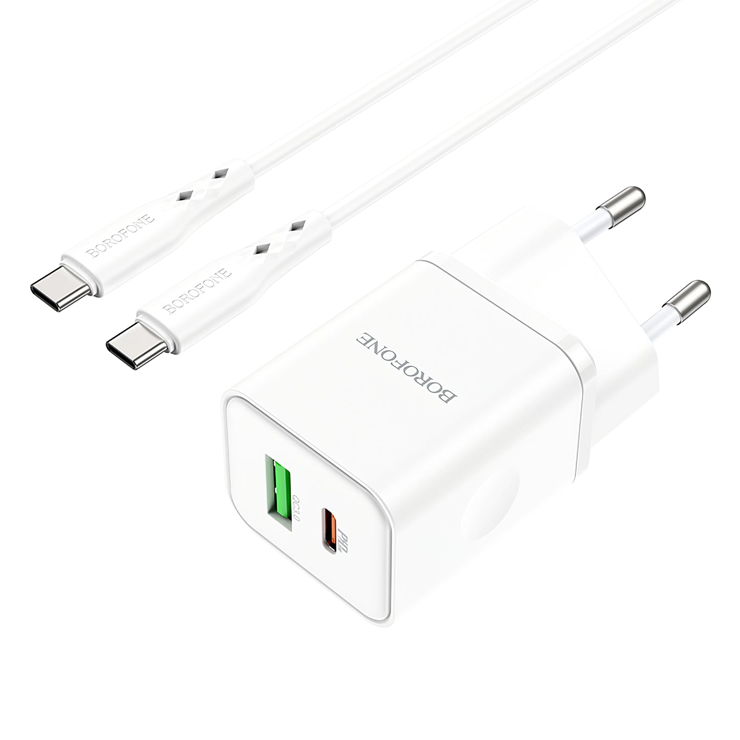 Netwerkoplader met USB-C kabel Borofone BN7, 20W, 3A, 1 x USB-A - 1 x USB-C, Wit