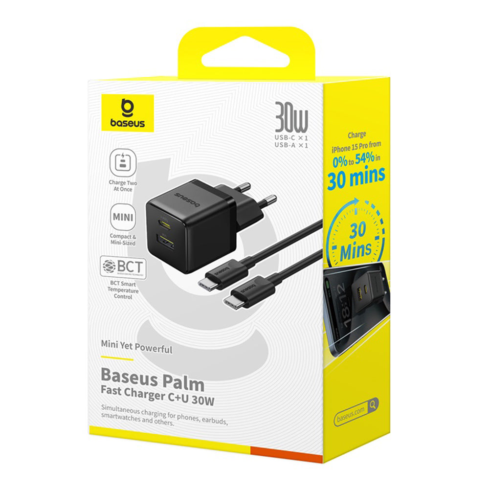 Netwerkoplader met USB-C Kabel Baseus Palm, 30W, 3A, 1 x USB-A - 1 x USB-C, Zwart P1011160A113-01