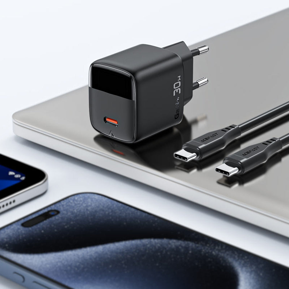 Netwerkoplader met USB-C Kabel Acefast A115 Display, 30W, 3A, 1 x USB-C, Zwart