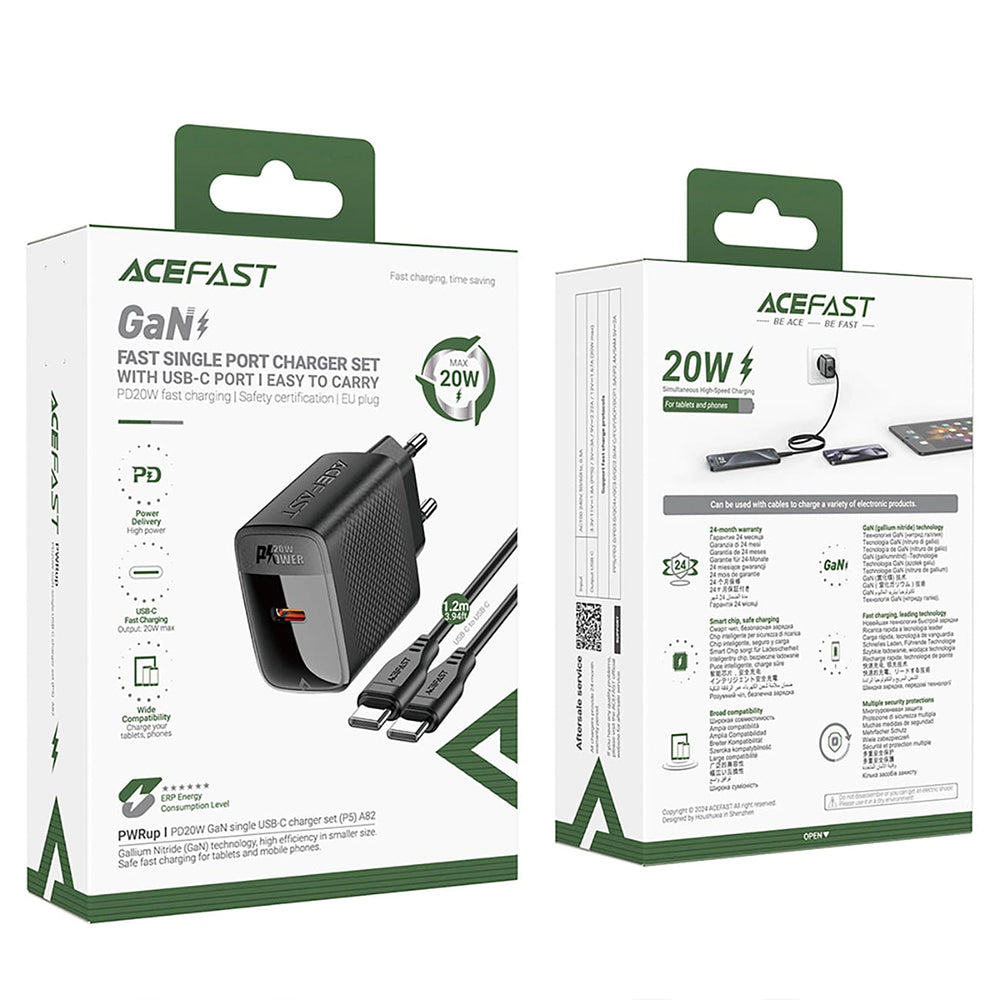 Netwerkoplader met USB-C Kabel Acefast A82, 20W, 3A, 1 x USB-C, Zwart