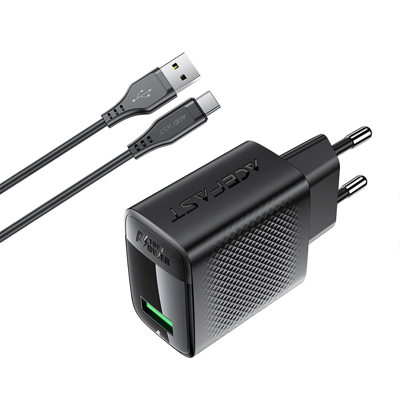 Netwerkoplader met USB-C Kabel Acefast A90, 18W, 3A, 1 x USB-A, Zwart