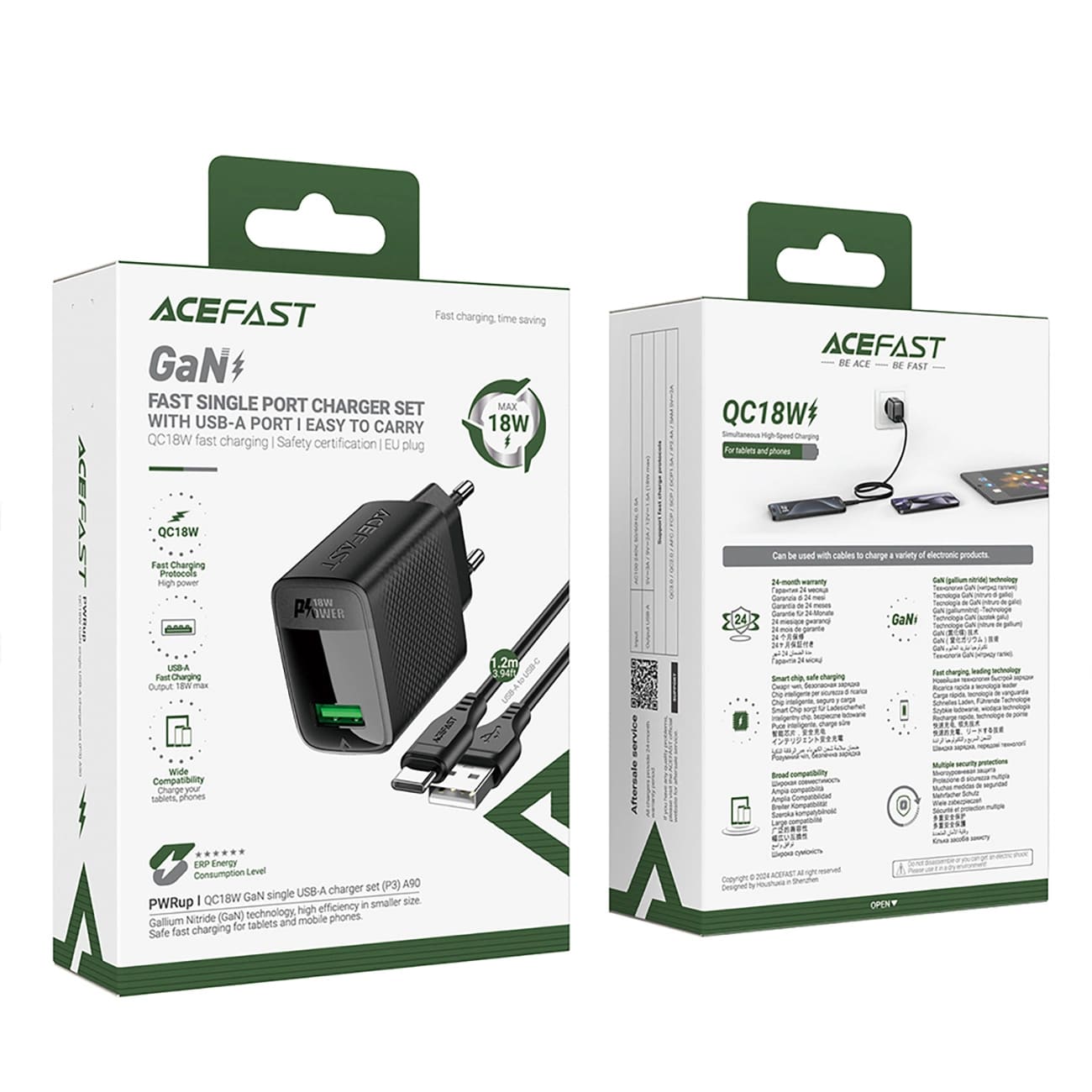 Netwerkoplader met USB-C Kabel Acefast A90, 18W, 3A, 1 x USB-A, Zwart