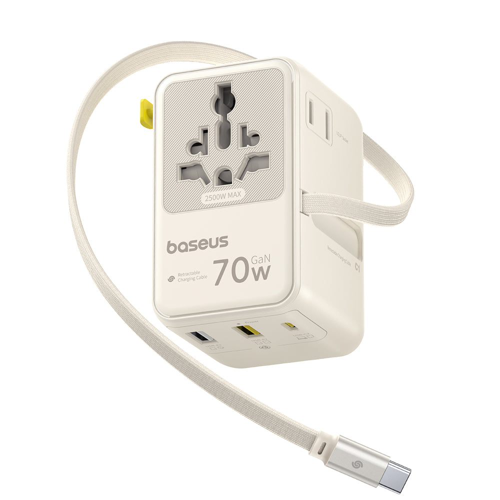 Netlader met USB-C-kabel Baseus Travel EnerCore CG11, 70W, 2 x Stopcontact - 1 x USB-C - 2 x USB-A, Wit E0307E01