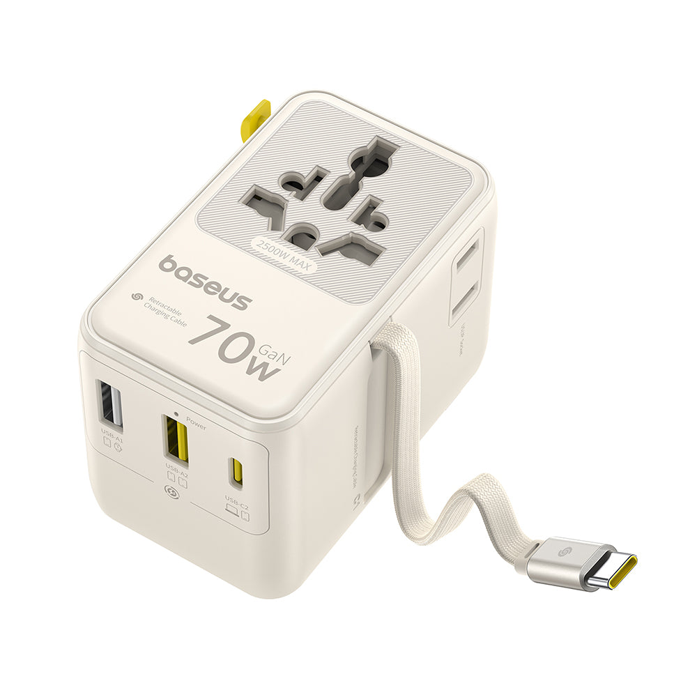 Netlader met USB-C-kabel Baseus Travel EnerCore CG11, 70W, 2 x Stopcontact - 1 x USB-C - 2 x USB-A, Wit E0307E01