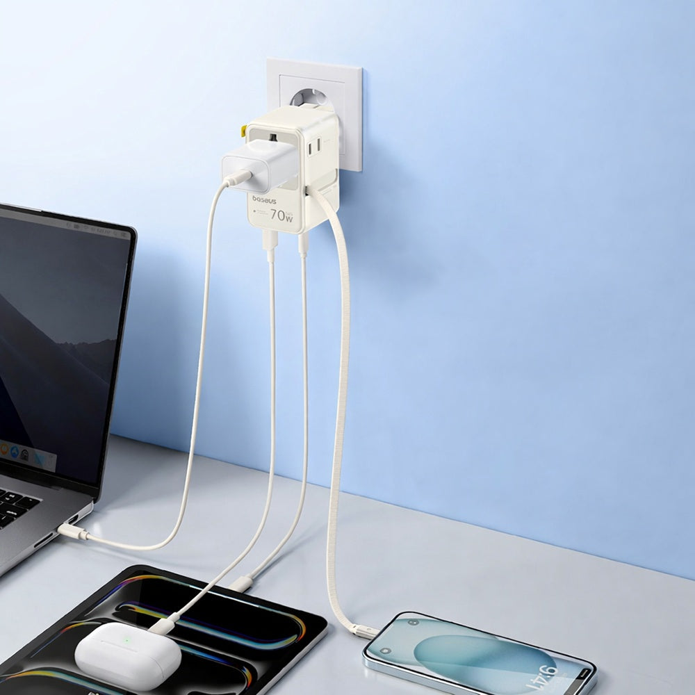 Netlader met USB-C-kabel Baseus Travel EnerCore CG11, 70W, 2 x Stopcontact - 1 x USB-C - 2 x USB-A, Wit E0307E01
