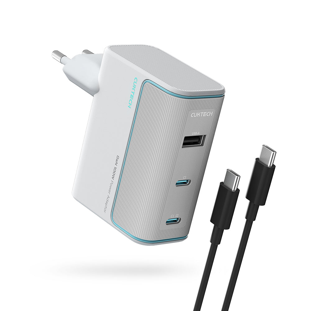 Cuktech USB-C Cable Network Charger, 100W, 5A, 1 x USB-A - 2 x USB-C, White CKAD1003EUGW