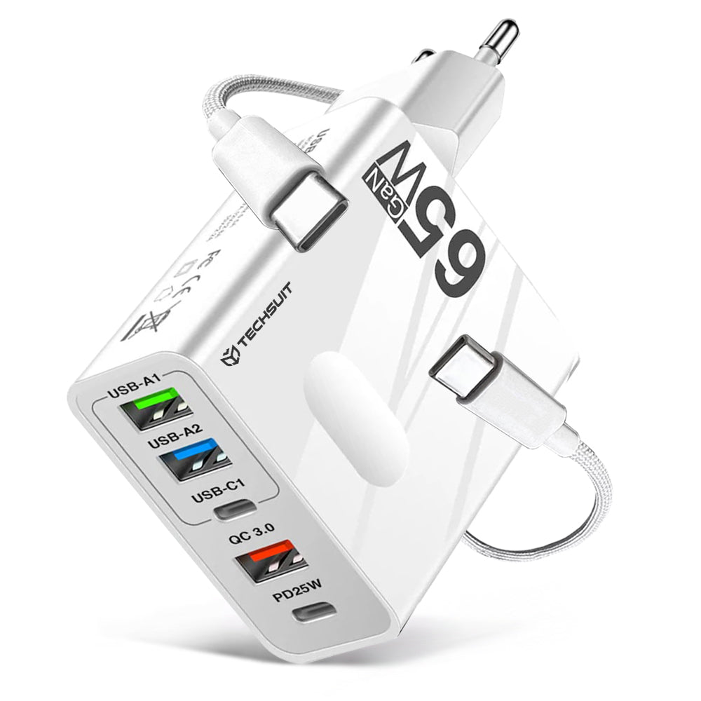 Netwerkoplader met USB-C kabel Techsuit CHC1 PentaXPower, 25W, 3A, 3 x USB-A - 2 x USB-C, Wit