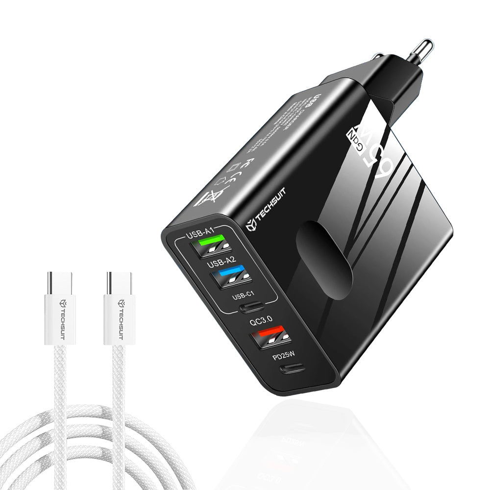Netwerkoplader met USB-C Kabel Techsuit CHC1 PentaXPower, 25W, 3A, 3 x USB-A - 2 x USB-C, Zwart