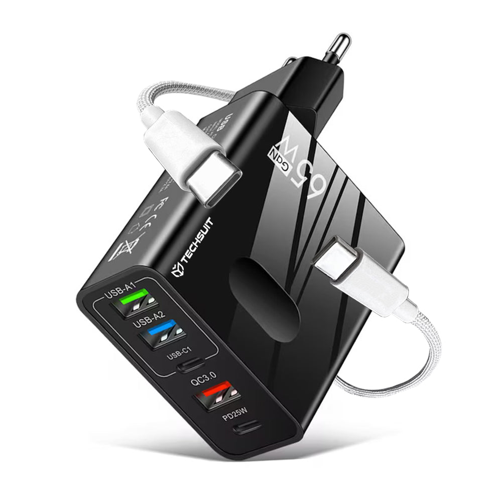 Netwerkoplader met USB-C Kabel Techsuit CHC1 PentaXPower, 25W, 3A, 3 x USB-A - 2 x USB-C, Zwart