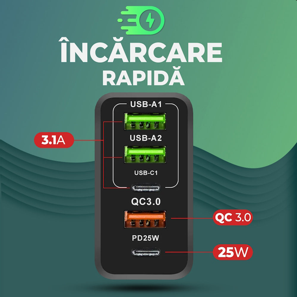 Netwerkoplader met USB-C Kabel Techsuit CHC1 PentaXPower, 25W, 3A, 3 x USB-A - 2 x USB-C, Zwart