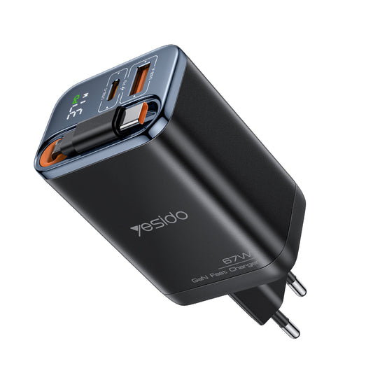 Netwerkoplader met USB-C Kabel Yesido YC100 Display, 67W, 3.35A, 1 x USB-A - 1 x USB-C, Zwart