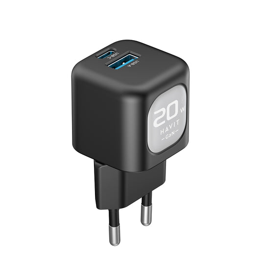 Netwerkoplader HAVIT UC220, 20W, 3A, 1 x USB-A - 1 x USB-C, Zwart Grijs