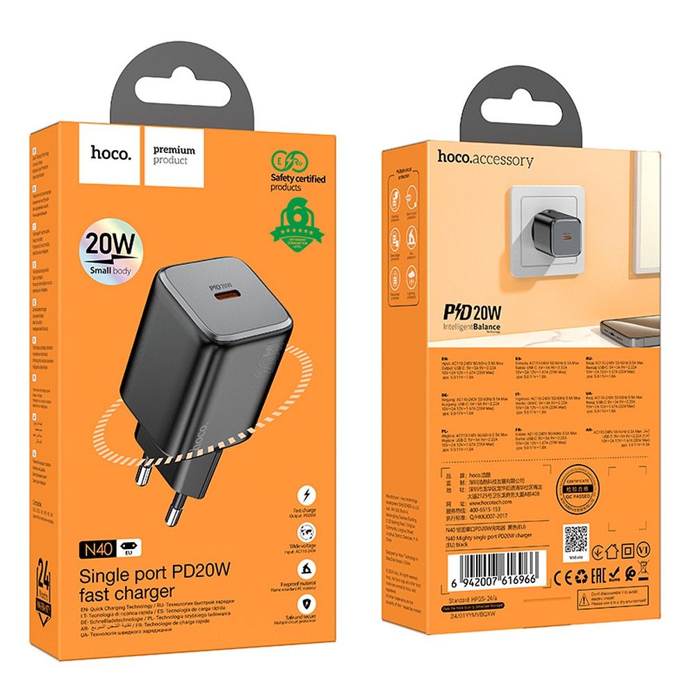 Netwerkoplader HOCO N40, 20W, 3A, 1 x USB-C, Zwart