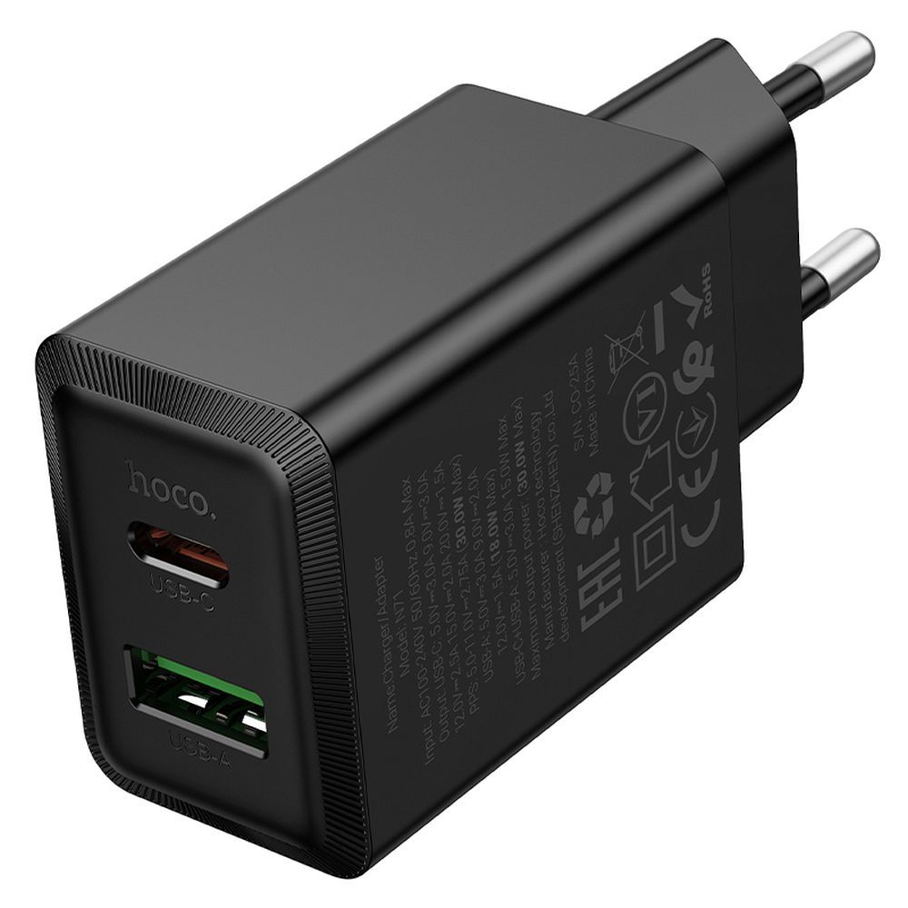 Netwerkoplader HOCO N71, 30W, 3A, 1 x USB-A - 1 x USB-C, Zwart