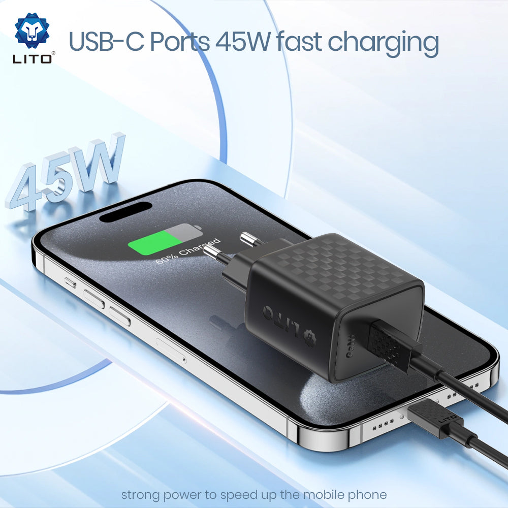 Netwerkoplader Lito LC20, 45W, 3A, 1 x USB-C, Zwart