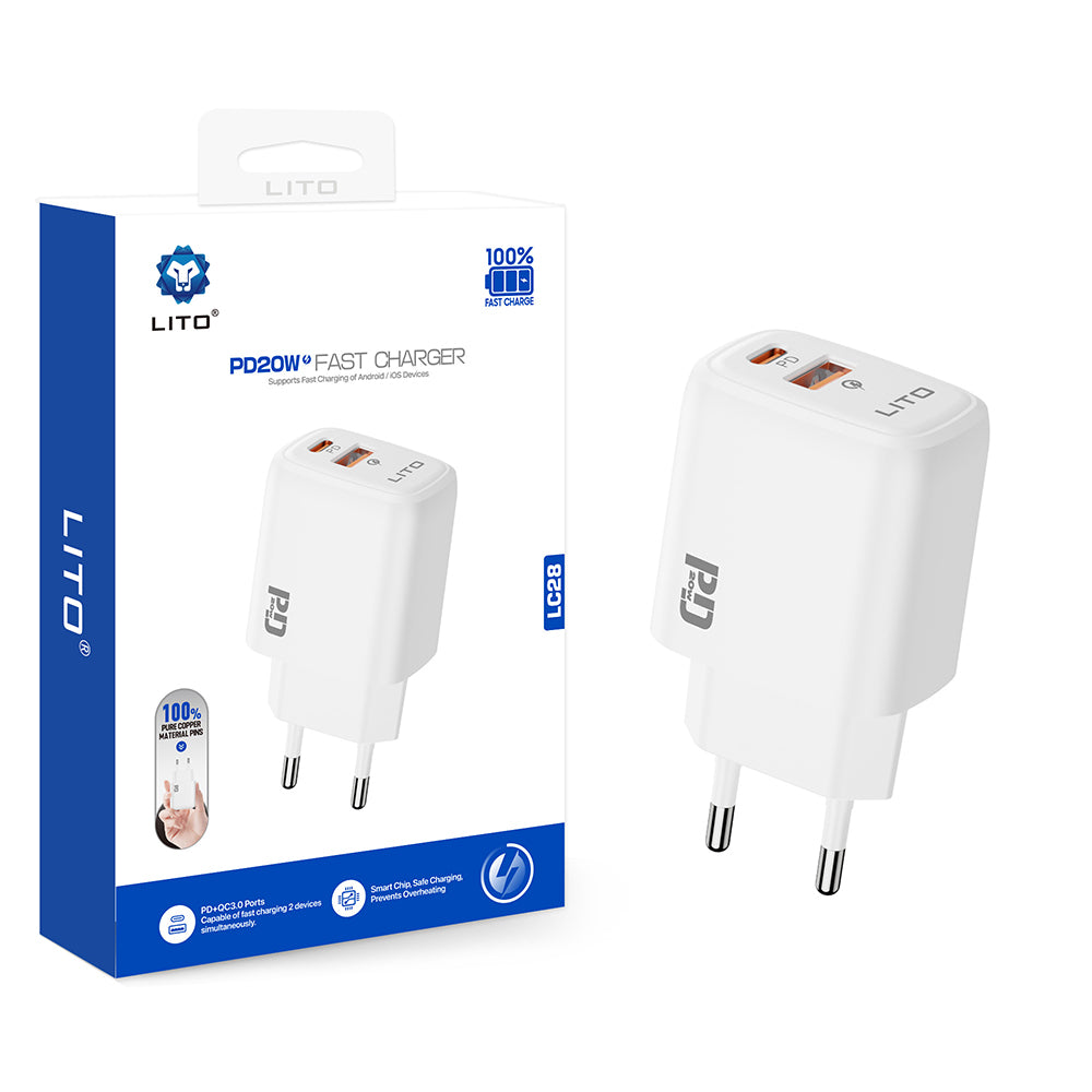 Lito LC28 Network Charger, 20W, 3A, 1 x USB-A - 1 x USB-C, White