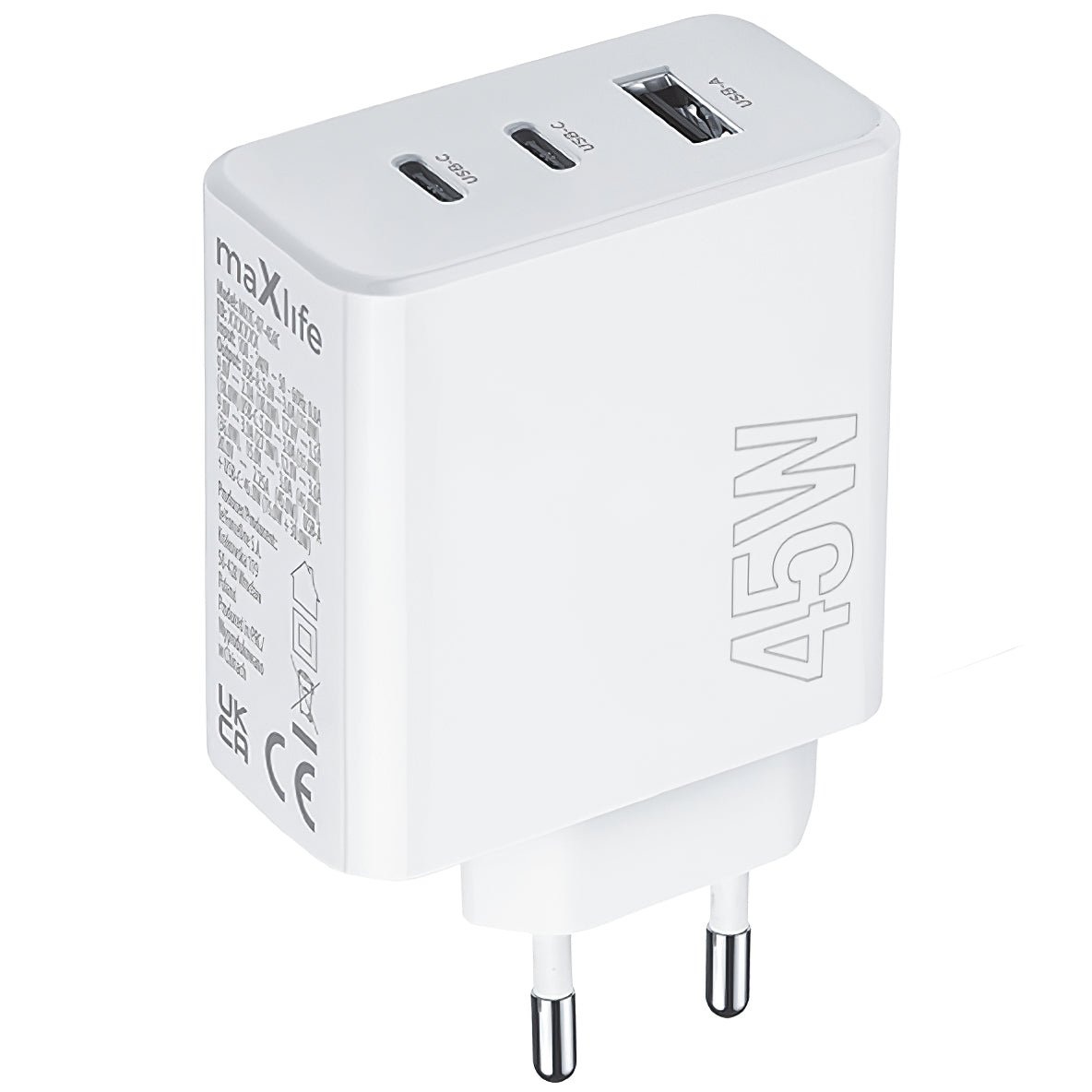 MaXlife Netwerkoplader MXTC-07-45ACC, 45W, 3A, 1 x USB-A - 2 x USB-C, Wit