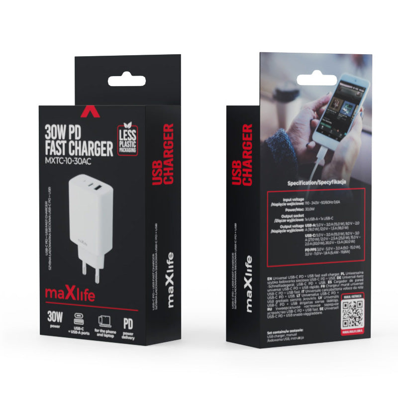 MaXlife Netwerkoplader MXTC-10-30AC, 30W, 3A, 1 x USB-A - 1 x USB-C, Wit