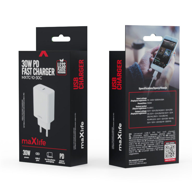 MaXlife MXTC-10-30C Netwerkoplader, 30W, 3A, 1 x USB-C, Wit