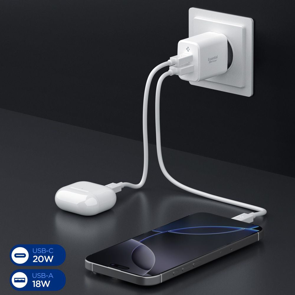 Spigen Essential Netwerkoplader, 20W, 3A, 1 x USB-A - 1 x USB-C, Wit ACH08704