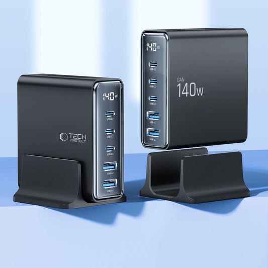 Tech-Protect DC140W Netwerkoplader, 140W, 3A, 2 x USB-A - 3 x USB-C, Zwart