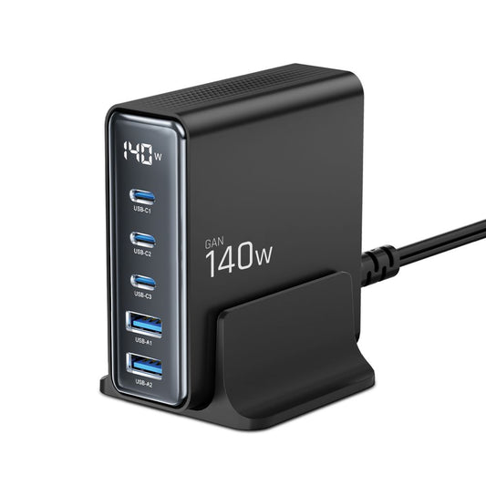 Tech-Protect DC140W Netwerkoplader, 140W, 3A, 2 x USB-A - 3 x USB-C, Zwart