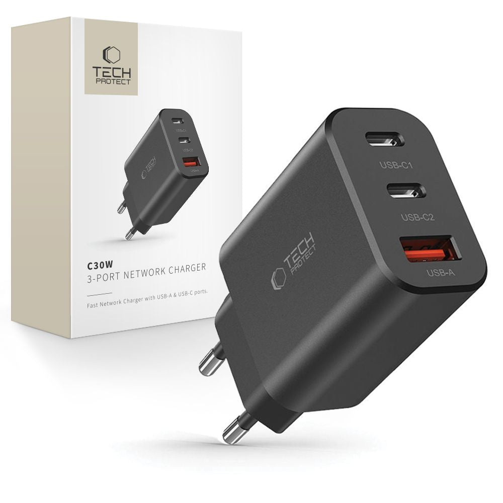Network Charger Tech-Protect NC30W, 30W, 3A, 1 x USB-A - 2 x USB-C, Black