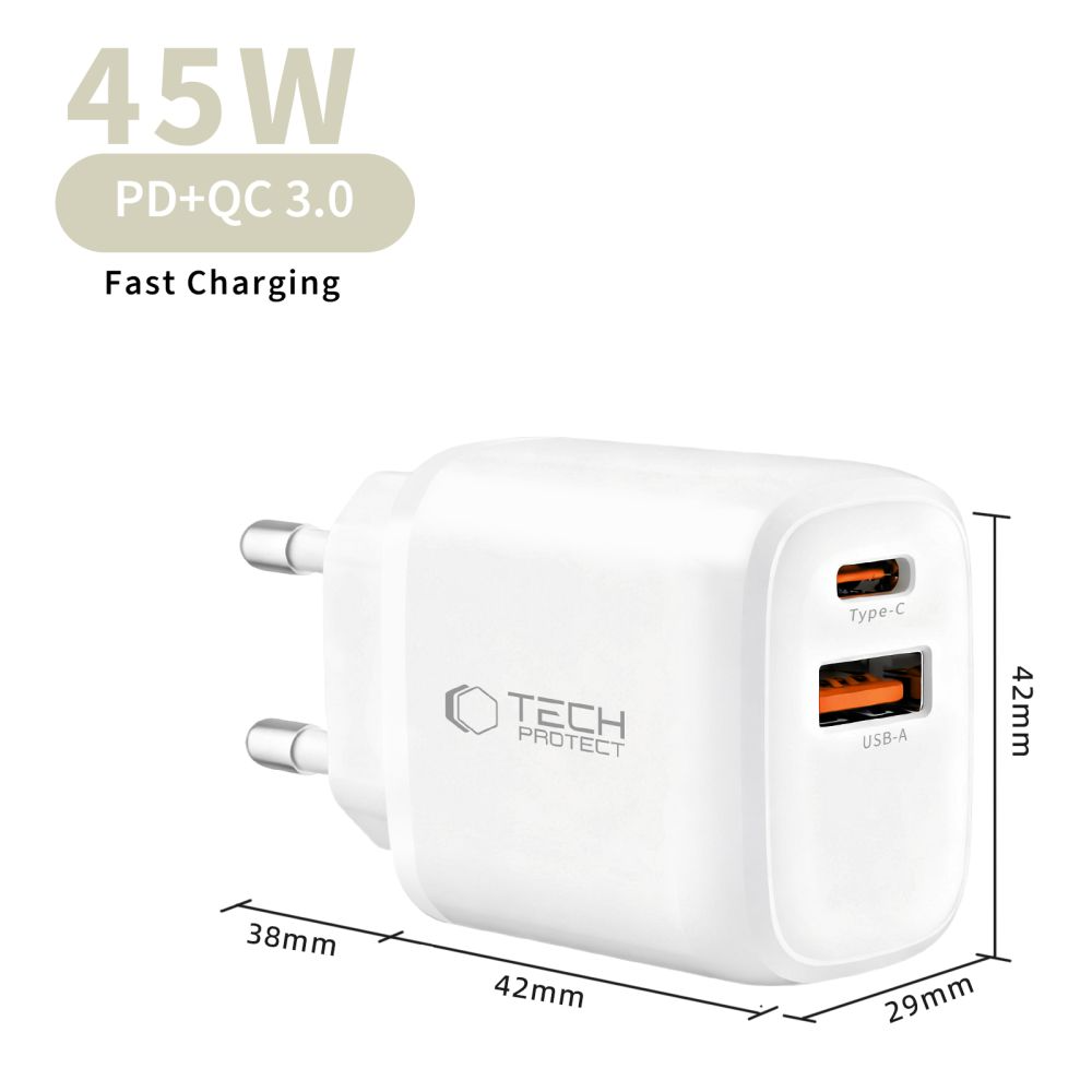 Netwerkoplader Tech-Protect NCA45W, 45W, 3A, 1 x USB-A - 1 x USB-C, Wit