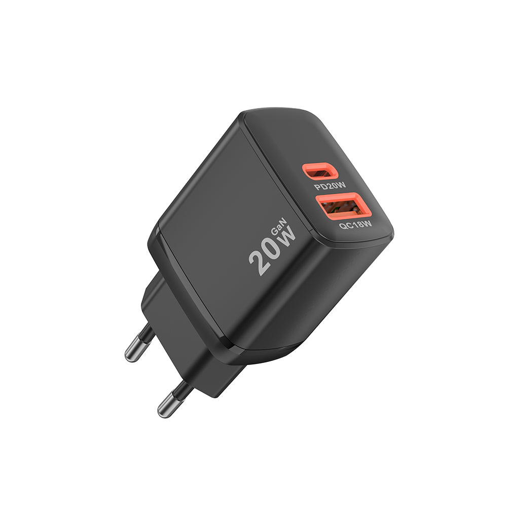 Techsuit CH2 Duonix Network Charger, 20W, 3A, 1 x USB-A - 1 x USB-C, Black