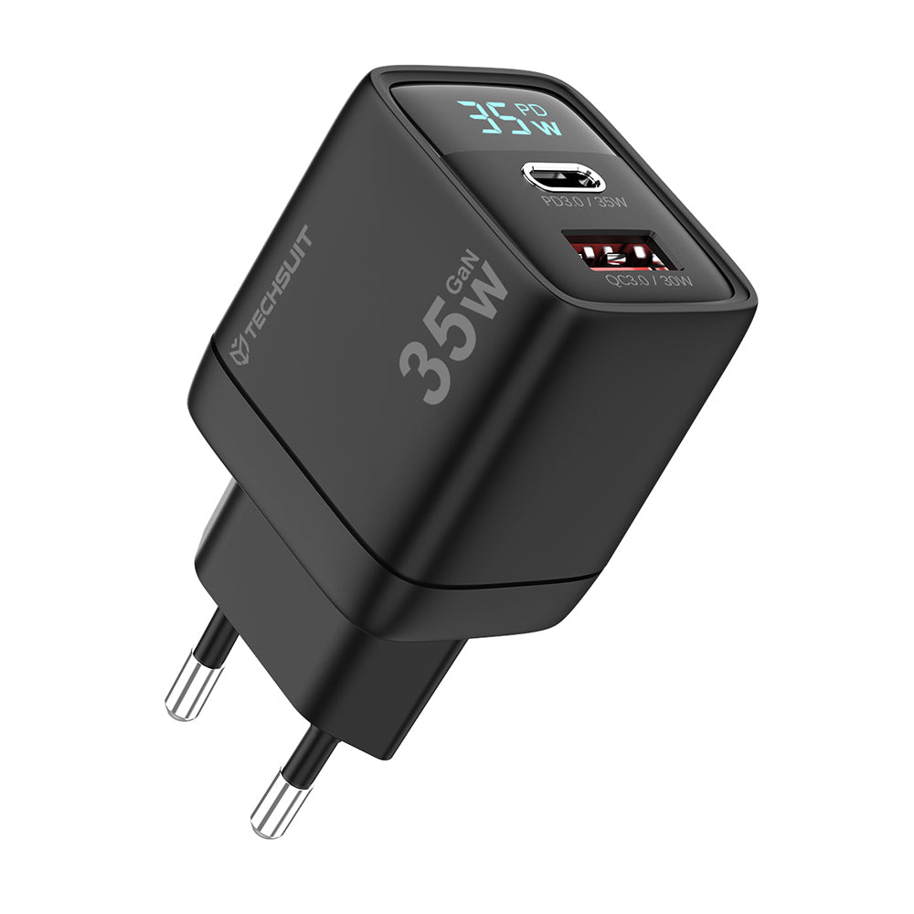 Techsuit CH3 LEDChargX Display Netwerkoplader, 35W, 3A, 1 x USB-A - 1 x USB-C, Zwart