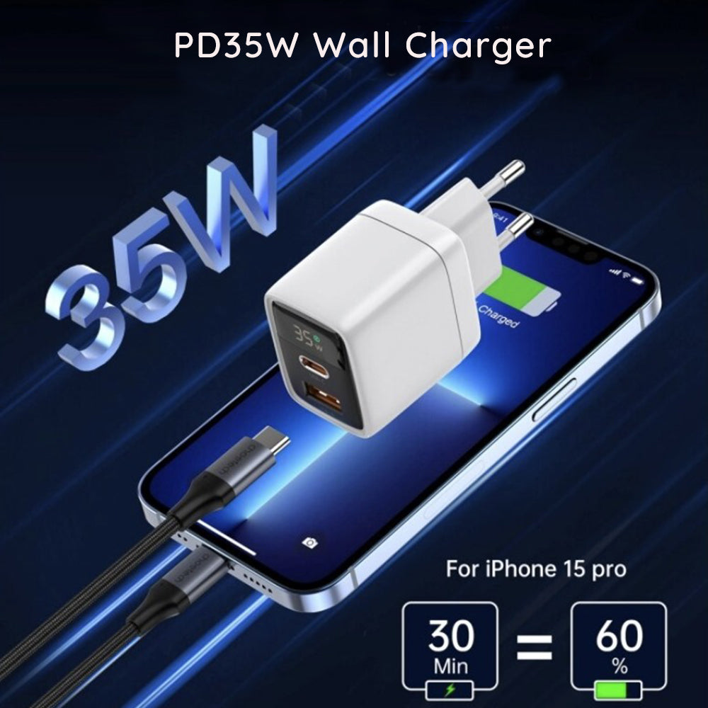 Techsuit CH3 LEDChargX Display Netwerkoplader, 35W, 3A, 1 x USB-A - 1 x USB-C, Zwart