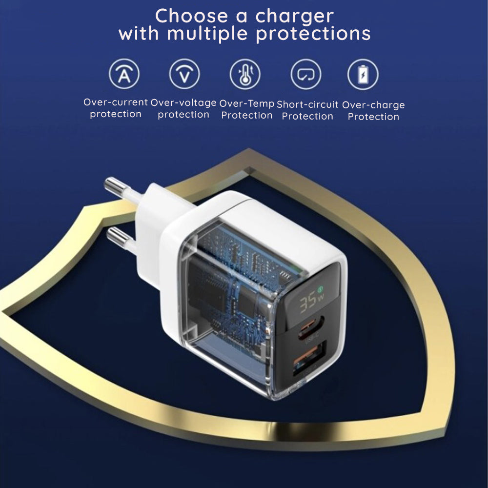 Techsuit CH3 LEDChargX Display Netwerkoplader, 35W, 3A, 1 x USB-A - 1 x USB-C, Zwart