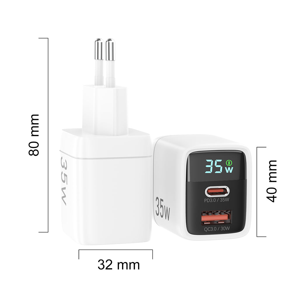 Techsuit CH3 LEDChargX Display Netwerkoplader, 35W, 3A, 1 x USB-A - 1 x USB-C, Zwart