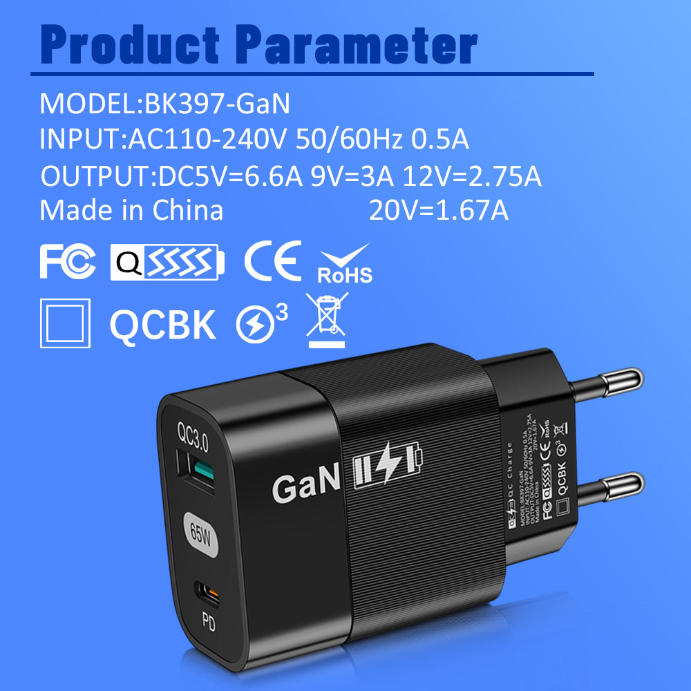 Techsuit CHPD131 Netwerkoplader, 65W, 3.25A, 1 x USB-A - 1 x USB-C, Zwart