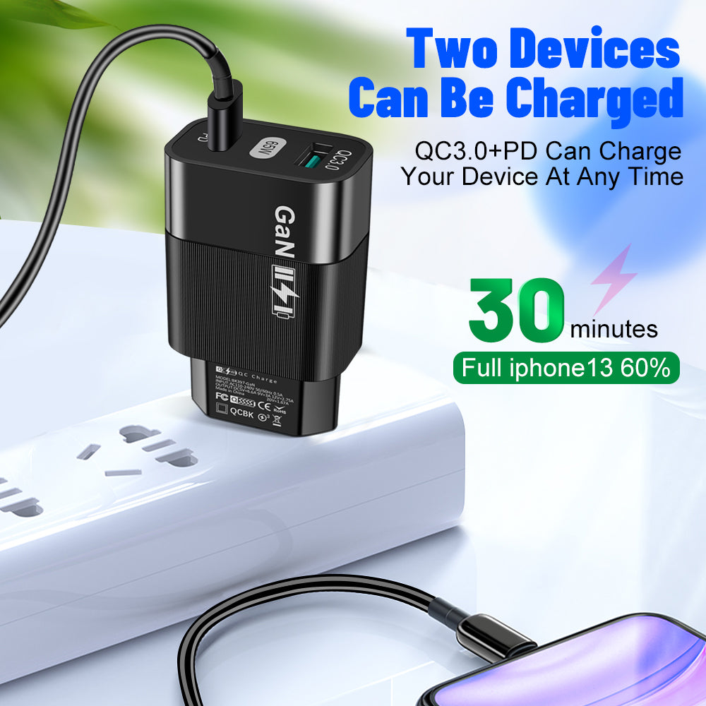 Techsuit CHPD131 Netwerkoplader, 65W, 3.25A, 1 x USB-A - 1 x USB-C, Zwart