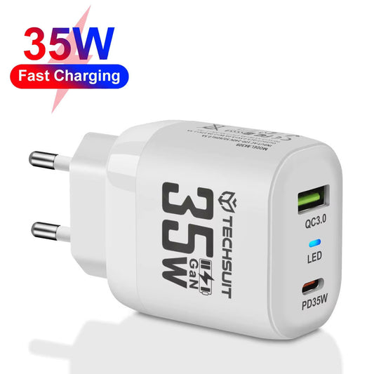Techsuit CHPD174 Netwerkoplader, 35W, 3A, 1 x USB-A - 1 x USB-C, Wit