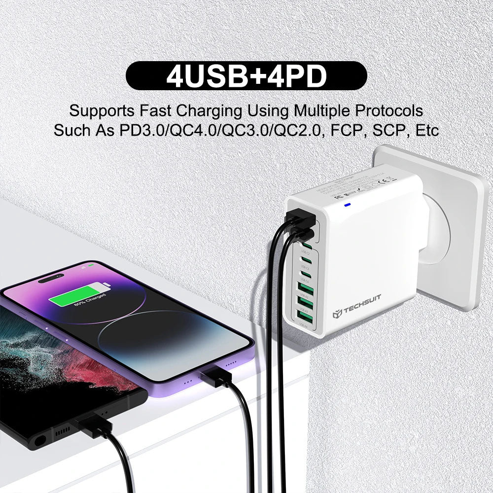 Techsuit CHPD224 Netwerkoplader, 65W, 3.25A, 4 x USB-A - 4 x USB-C, Zwart