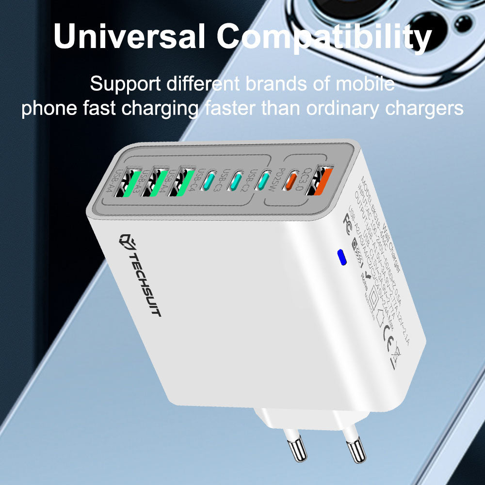 Techsuit CHPD224 Netwerkoplader, 65W, 3.25A, 4 x USB-A - 4 x USB-C, Zwart