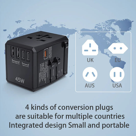 Techsuit HHT905 Travel Netwerkoplader, 45W, 3A, 2 x USB-A - 2 x USB-C, Zwart