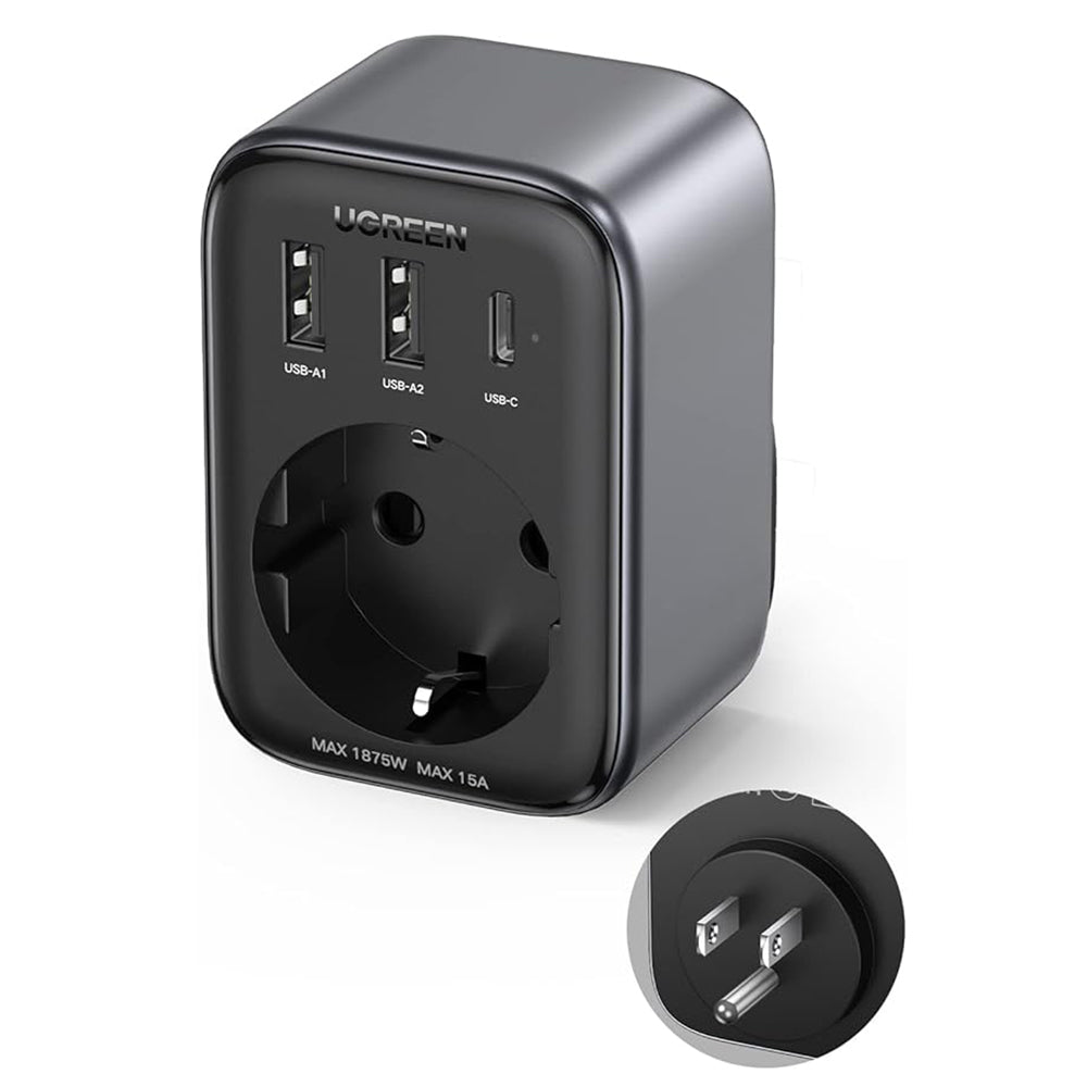 UGREEN 15289 US Netwerkoplader, 30W, 3A, 2 x USB-A - 1 x USB-C - 1 x Schuko, Zwart