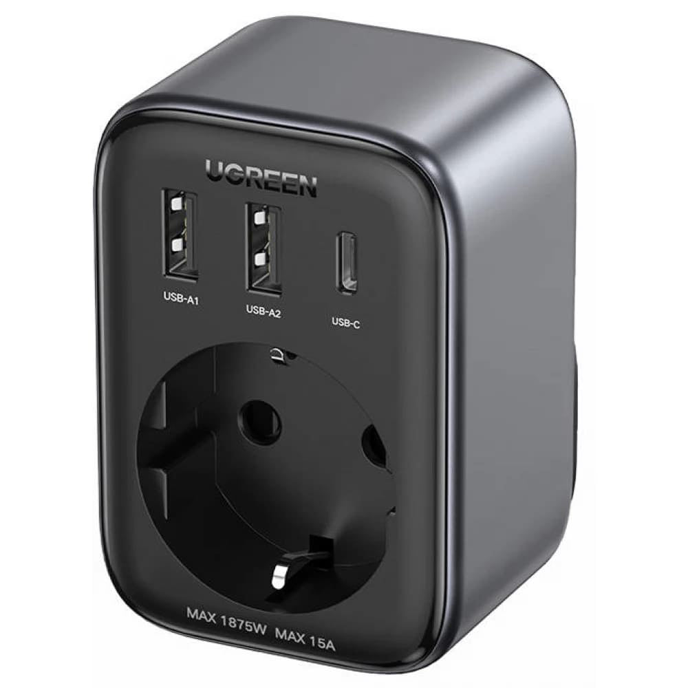 UGREEN 15289 US Netwerkoplader, 30W, 3A, 2 x USB-A - 1 x USB-C - 1 x Schuko, Zwart