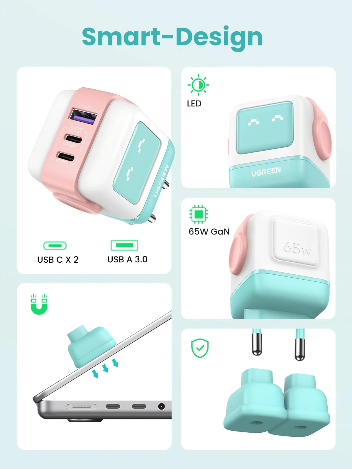 UGREEN CD361 Uno Network Charger, 65W, 3.25A, 1 x USB-A - 2 x USB-C, Turquoise