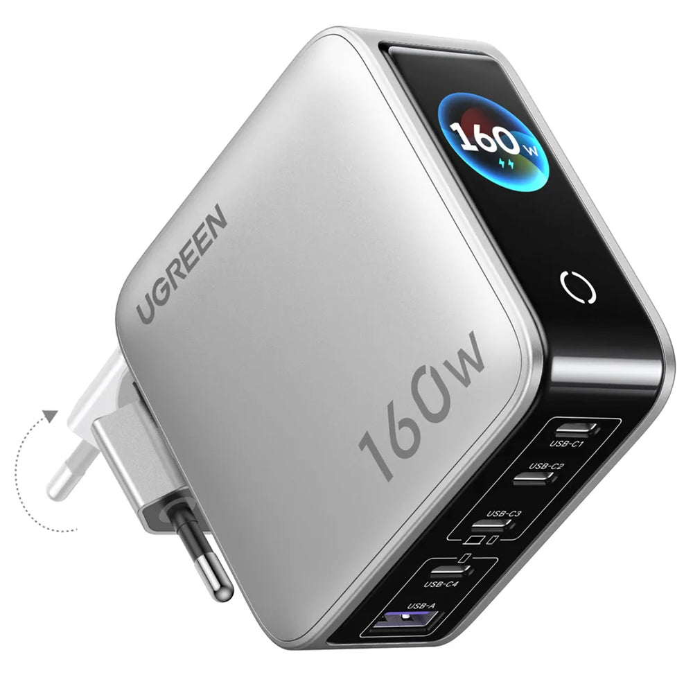 UGREEN Nexode Pro X774 (65637B) netlader met display, 160 W, 5 A, 1 x USB-A - 4 x USB-C, grijs