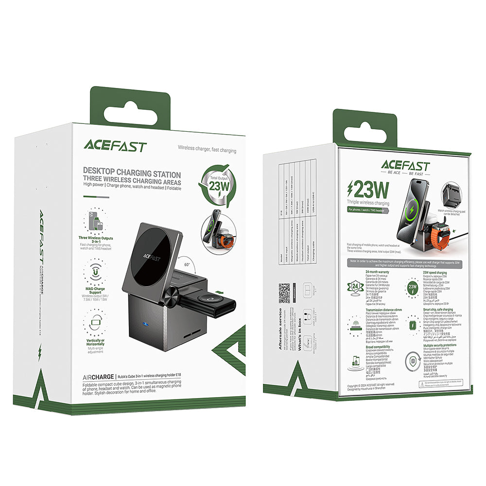 Draadloze Netwerkoplader Acefast E18 Rubik's Cube 3in1, 23W, 1.67A, Gri