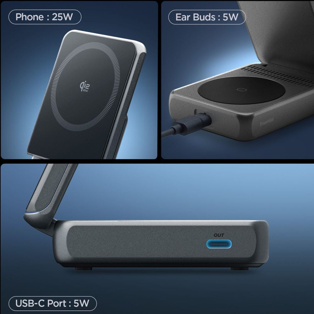 Draadloze Netwerkoplader Spigen EF302MOQ 3in1, 25W, 1 x USB-C, Gri