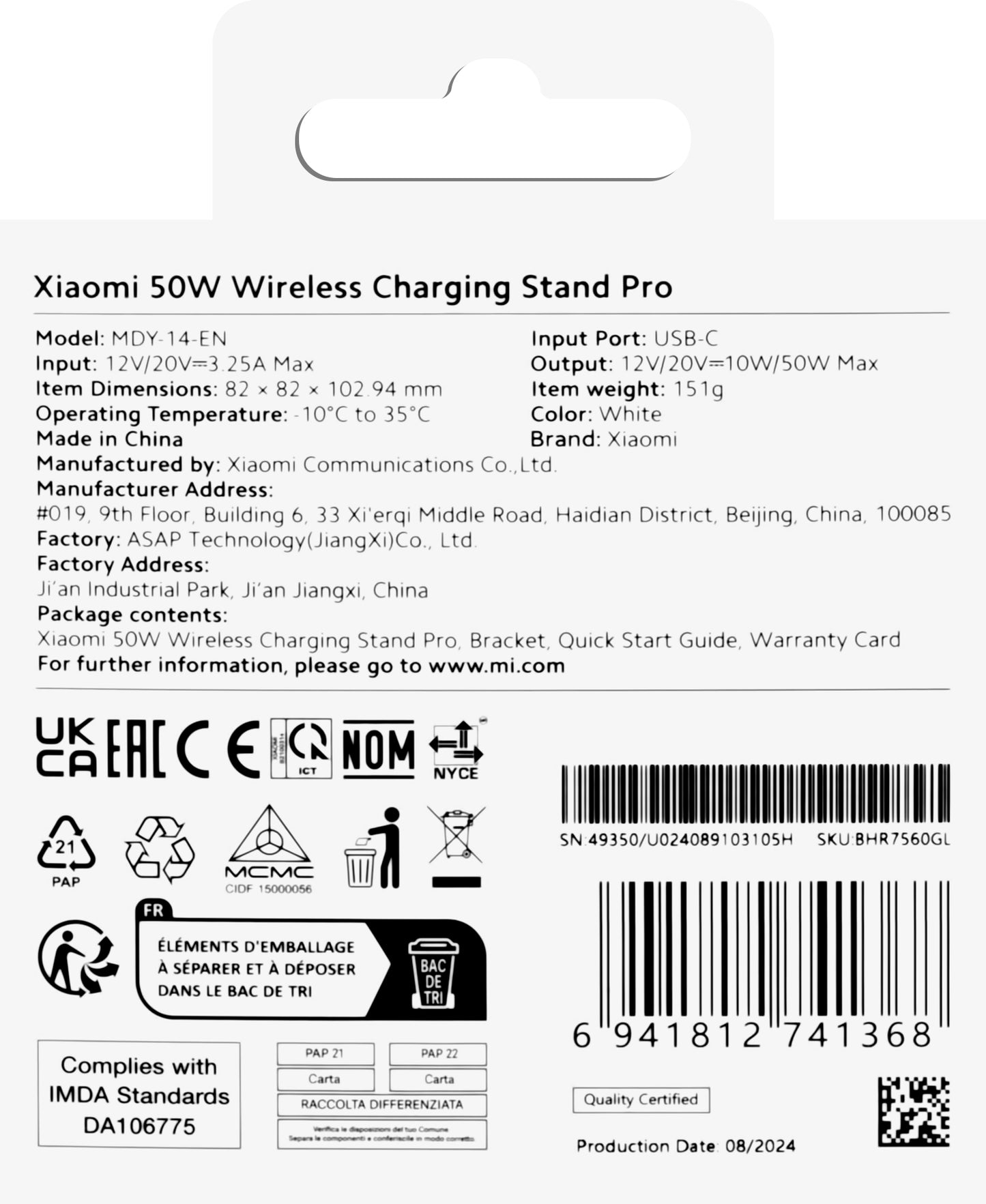 Xiaomi Stand Pro draadloze netwerkoplader, 50 W, Wit BHR7560GL