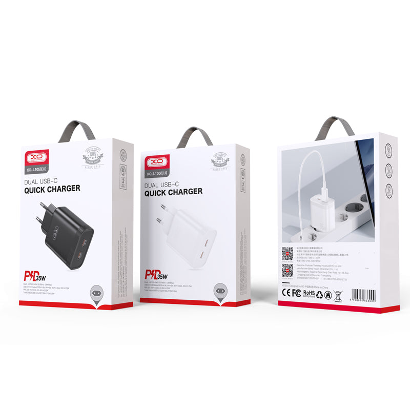 Netwerkoplader XO Design L105, 35W, 3A, 2 x USB-C, Wit